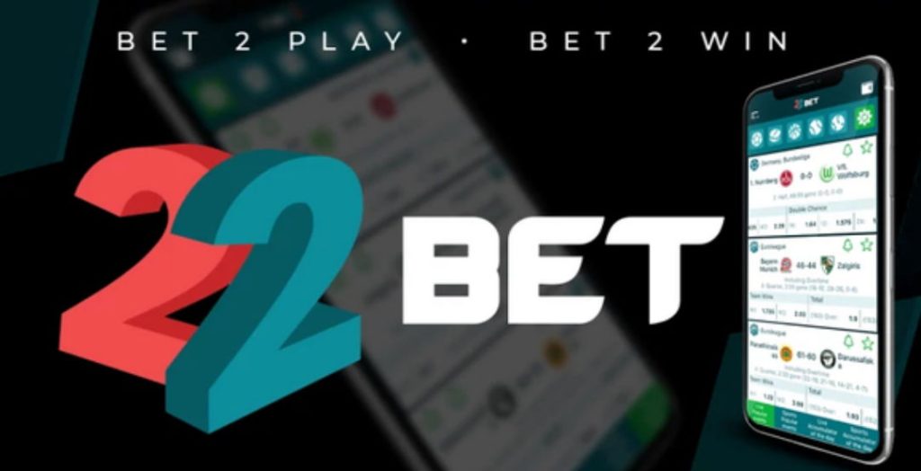 22bet app image with phone and slogan.