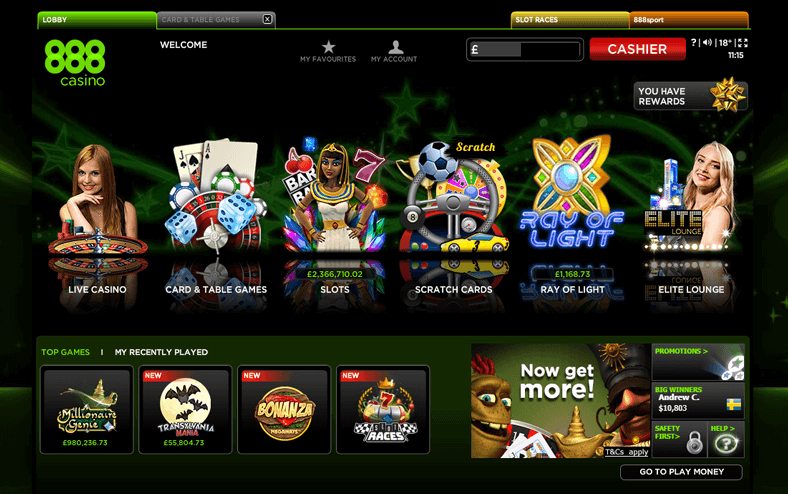 888 casino website lobby with games.