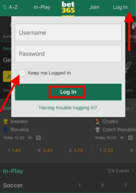 Bet365 login app detailed instructions with arrows.