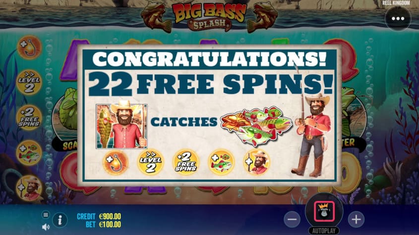 Big Bass Splash bonus feature as 22 free spins.