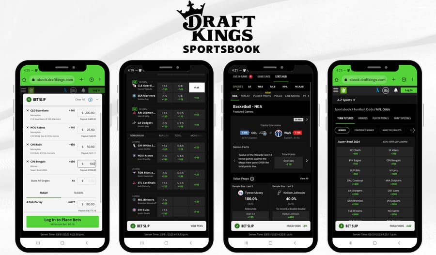 Draftkings sportsbook app on four mobile phones.