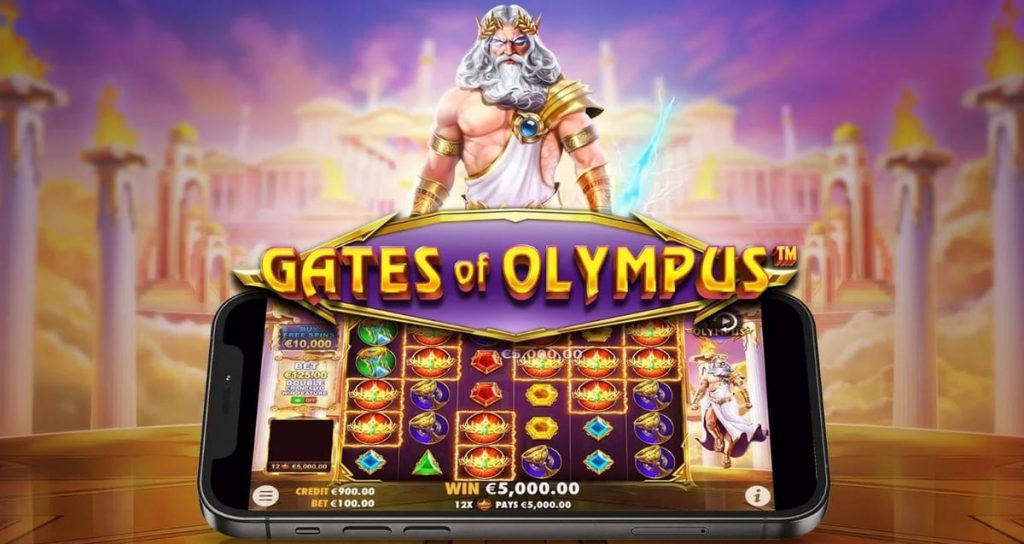 Gates of Olympus app splash screen with logo and mobile phone.