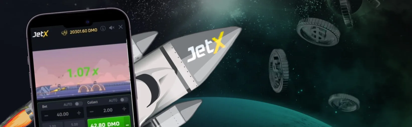 JetX App PromoBanner mit Rakete.