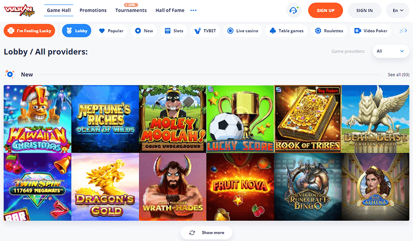 Vulkan Vegas Casino Website mit den Spielen.