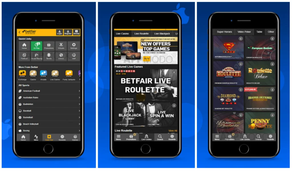 Betfair app launched on three mobile phones.