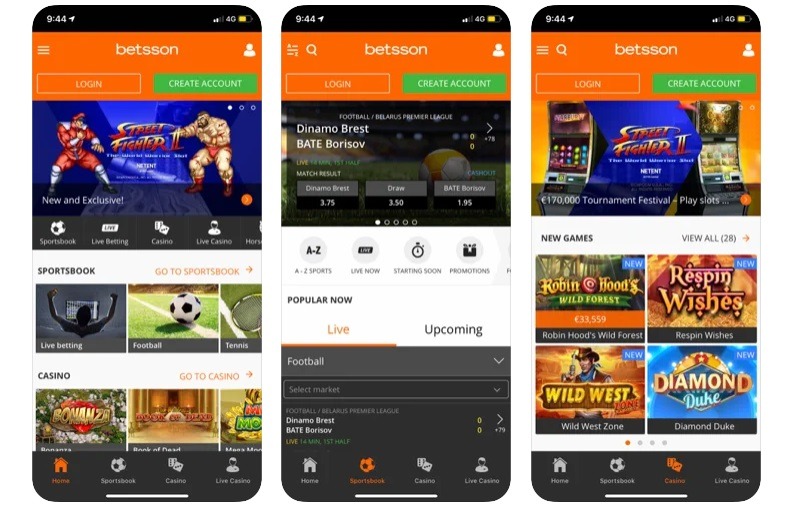 Mobile app Betsson available for iOS and Android.