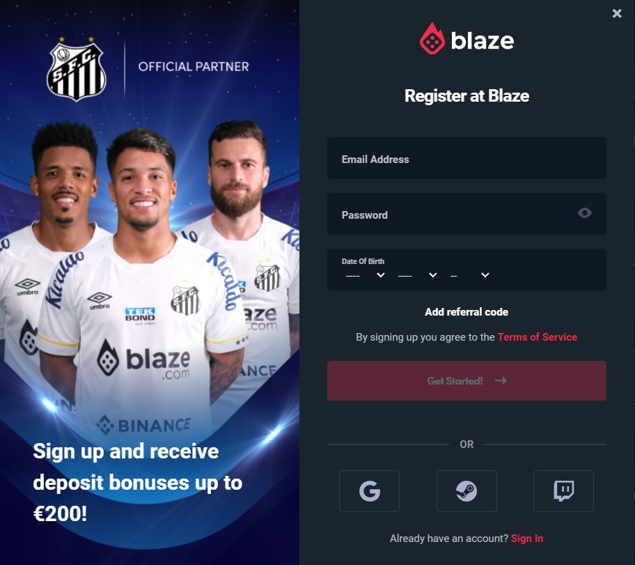 Blaze app registration process through the website.