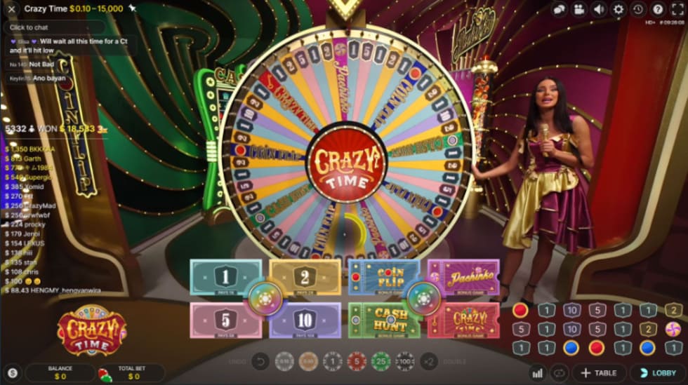 Crazy Time casino game with live dealer.