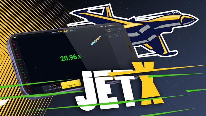 Colagem do jogo JetX com logotipo e telefone celular.