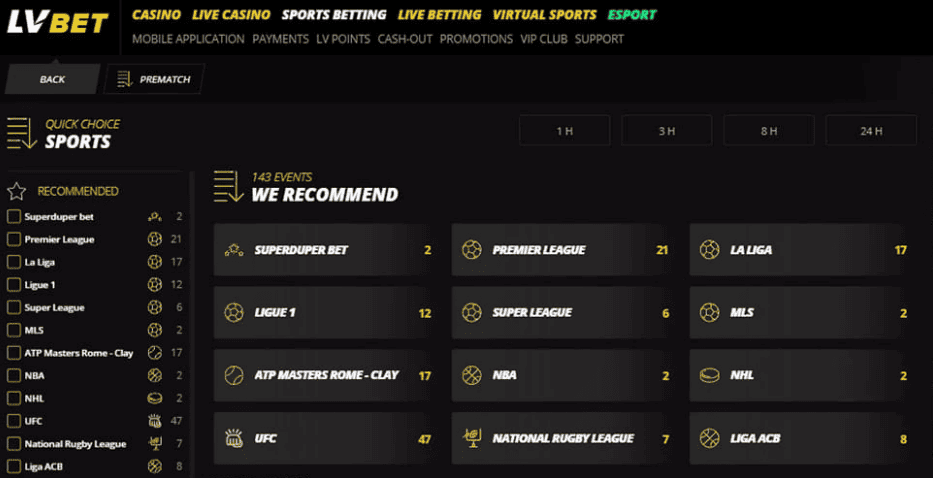 LVbet sports betting app with the list of available options.