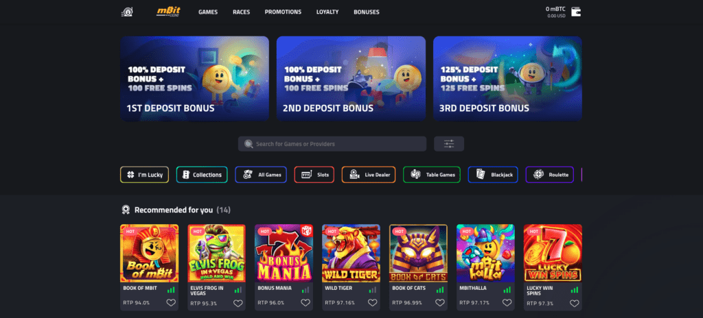 Sitio web oficial de mBit Casino con la lista de juegos.