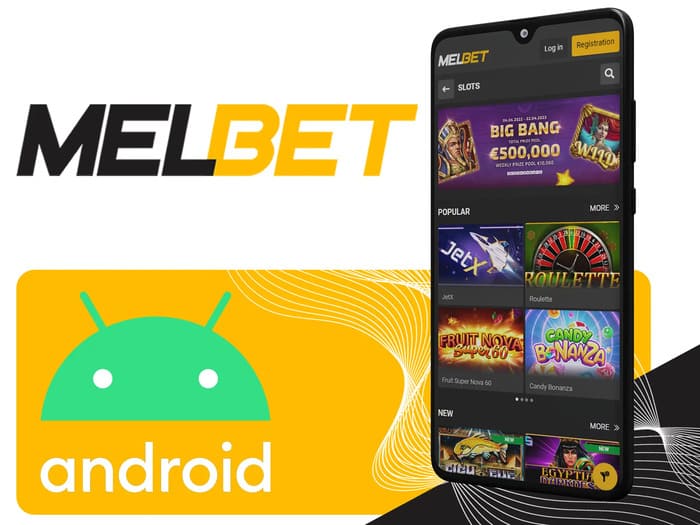 MelBet app download for Android image with a phone.