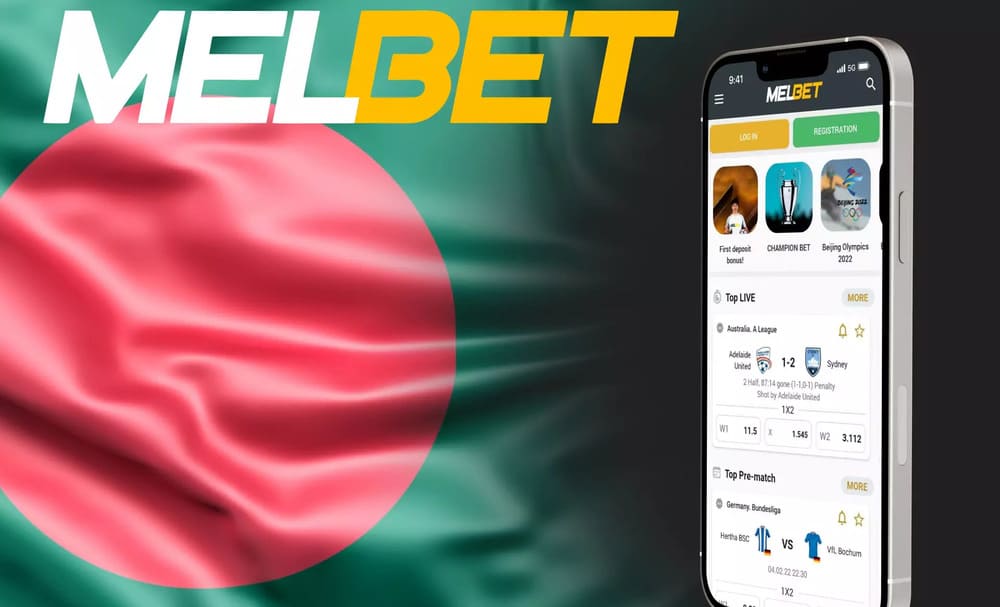 MelBet app Bangladesh collage with flag and mobile phone.