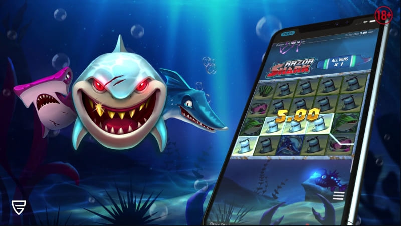 Razor Shark app collage with sharks and phone.