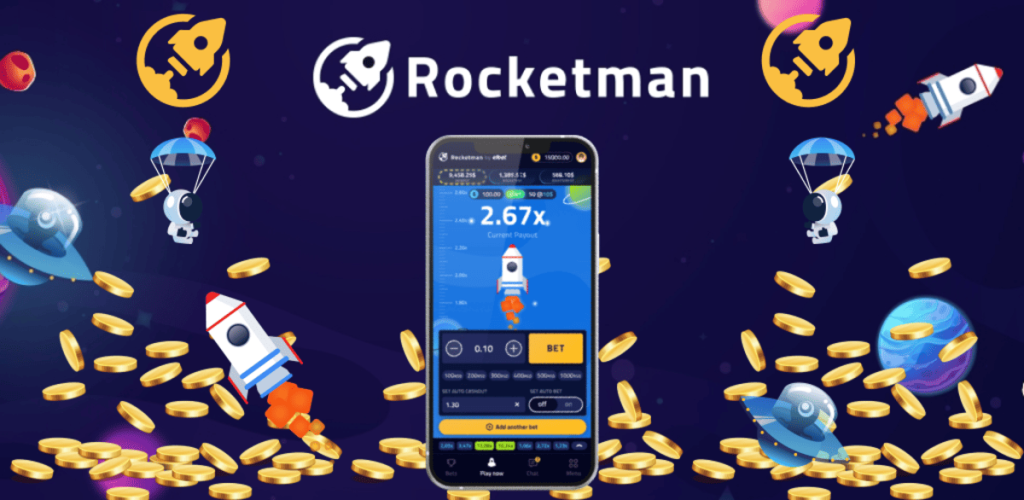 Rocketman app thematic collage with logo, phone and coins.