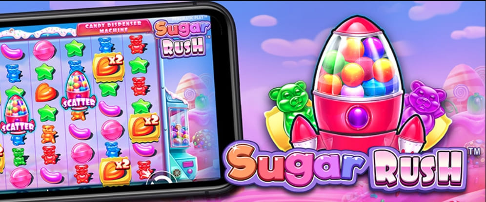 Sugar Rush app collage with logo and mobile phone.