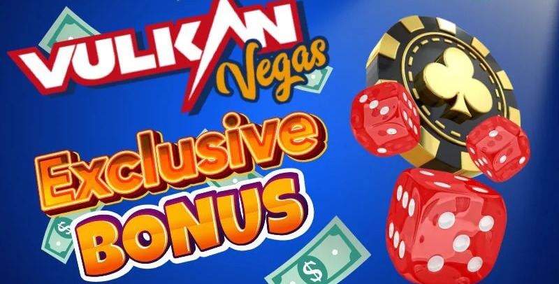 Vulkan Vegas Bonus-Collage mit Würfeln und Geld.