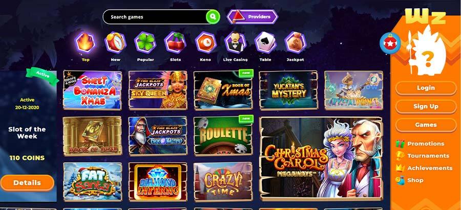 Wazamba sitio web del casino con la lista de juegos.