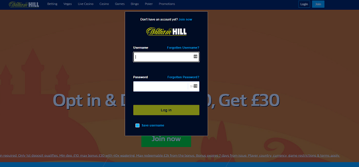 Faça login na conta pelo aplicativo da William Hill.