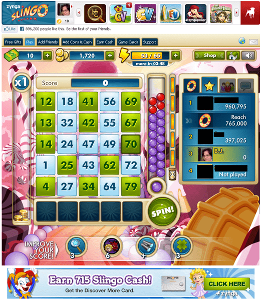 Zynga Slingo casino game menu.