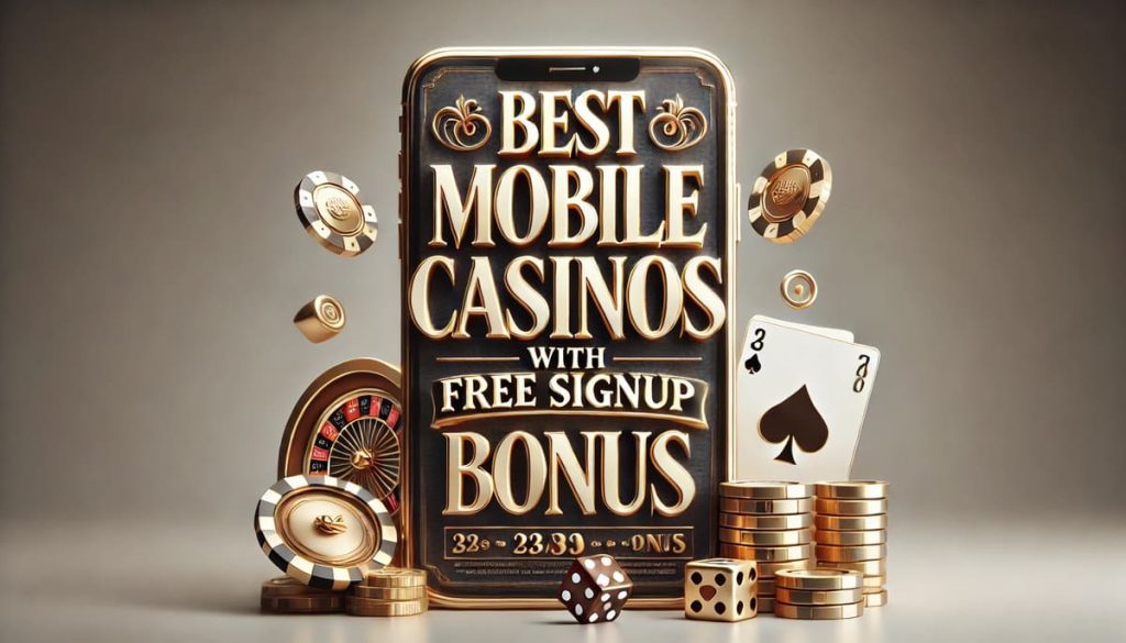 Free signup bonus no deposit mobile casino collage with the mobile phone.