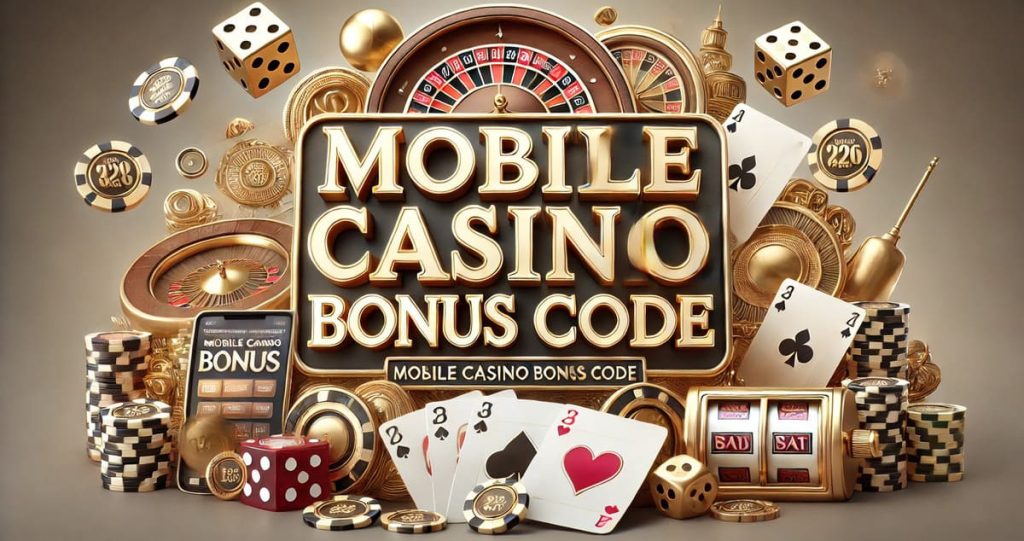 Mobile casino bonus code collage with gambling elements.