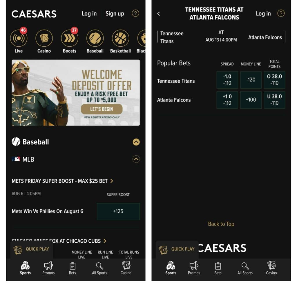 Caesars Casino app with free bet offer.