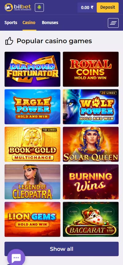 BilBet casino app with list of games.