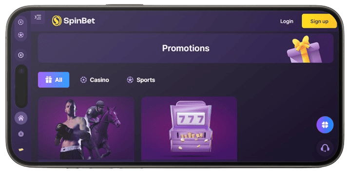 App SpinBet bonuses and promotions on the mobile phone.