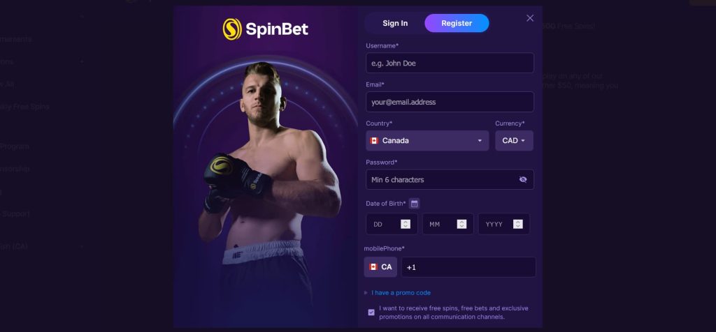 SpinBet app registration process.