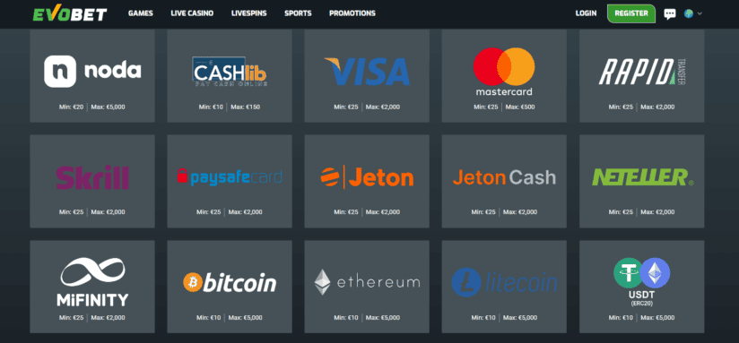 Evobet App Payment Methods.