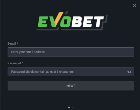 Evobet application registration process.