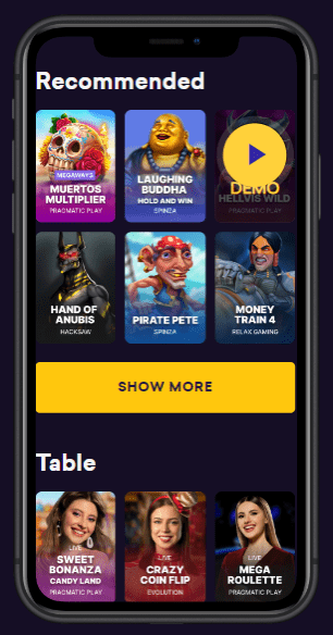 SpinBit mobile app with the list of games.