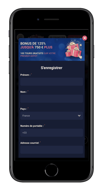 Inscription à l'application VegasPlus depuis un téléphone portable.
