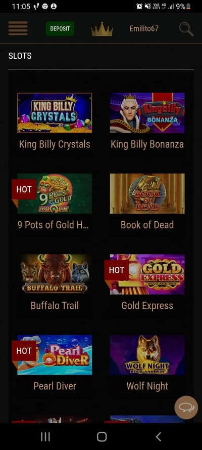 Online games on the King Billy Casino app.