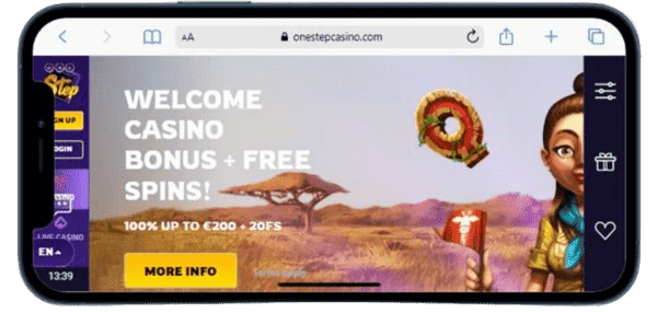 Onestep Casino app op mobiele telefoon.