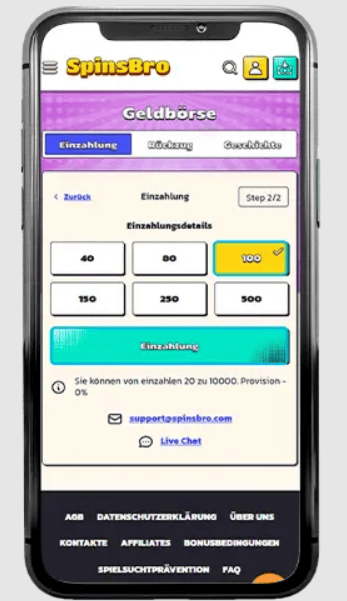 SpinsBro mobile Einzahlung Prozess.